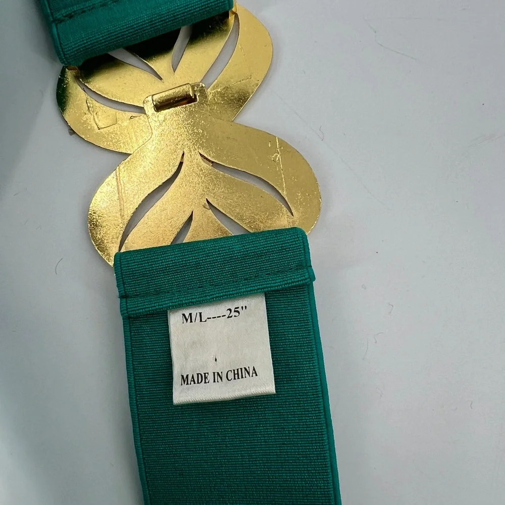 Vintage Enamel Elastic Belt‎ Gold Leaf Purple Green Size M/L Rockabilly Retro